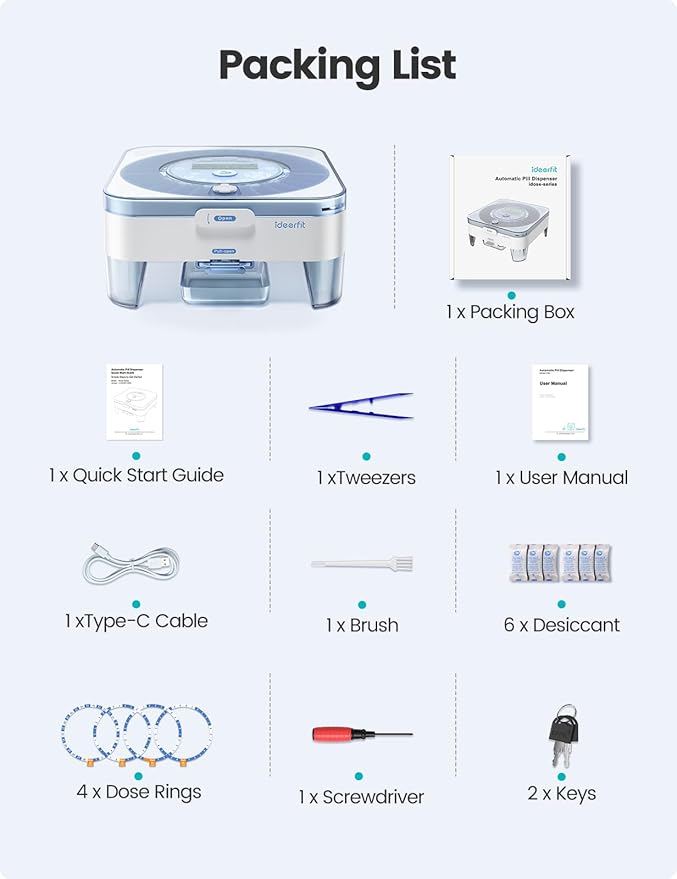 28-Day(1X) Automatic Pill Dispenser – One-Press Daily Dispense (No APP), Easy-to-Use Slide-Door Cup, Sound & Light Alerts, Moisture-Proof Dual Desiccants, Large Compartments for Tablets & Capsules