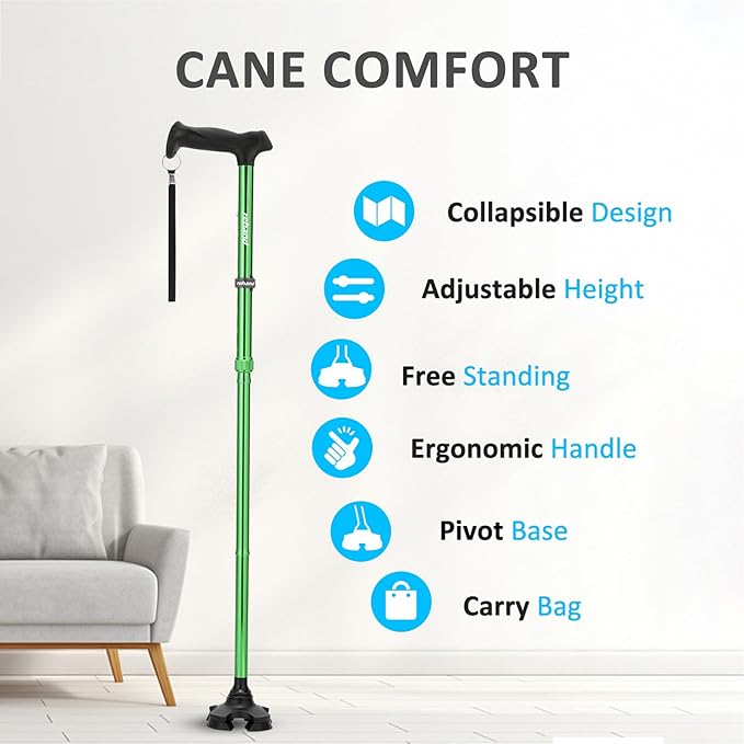 REHAND Walking Cane for Men & Women - Foldable, Adjustable, Lightweight, Self Standing Pivot Walking Cane, Soft Handle Grip, with Travel Bag, Walking Sticks for Seniors & Adults