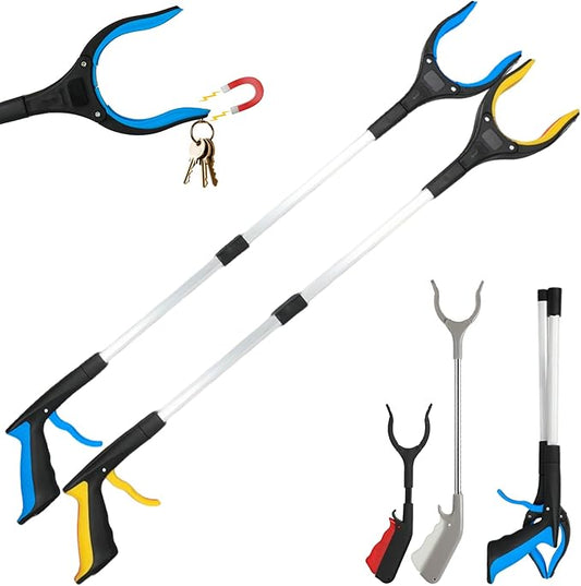 4 Pack Reacher Grabber Set: 32" Foldable Pick Up Tool with Magnet (Blue/Yellow), 16" Stainless Steel & 12" Mini Iron Grabber, 360° Rotating Head Trash Picker for Seniors & Garden