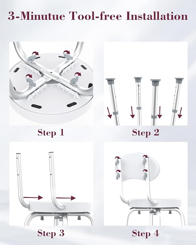 Swivel Shower Chair, 360° Non-Slip Shower Seat with Backrest for Elderly and Disabled, Height Adjustable Rotating Tub Bench for Seniors Bathroom Inside Shower with Compact Frame (White)