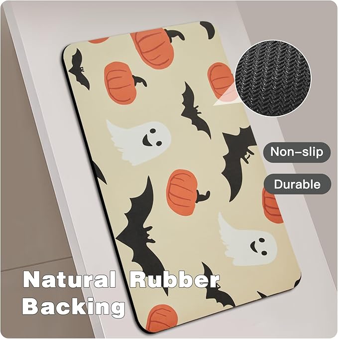TYUU Halloween Bath Mat, Thin Bathroom Rug Non Slip Quick Dry Pumpkin Bath Mat Fits Under Door Thin Floor Mat Halloween Decor, 24''x36'', Pumpkins Bats and Ghost