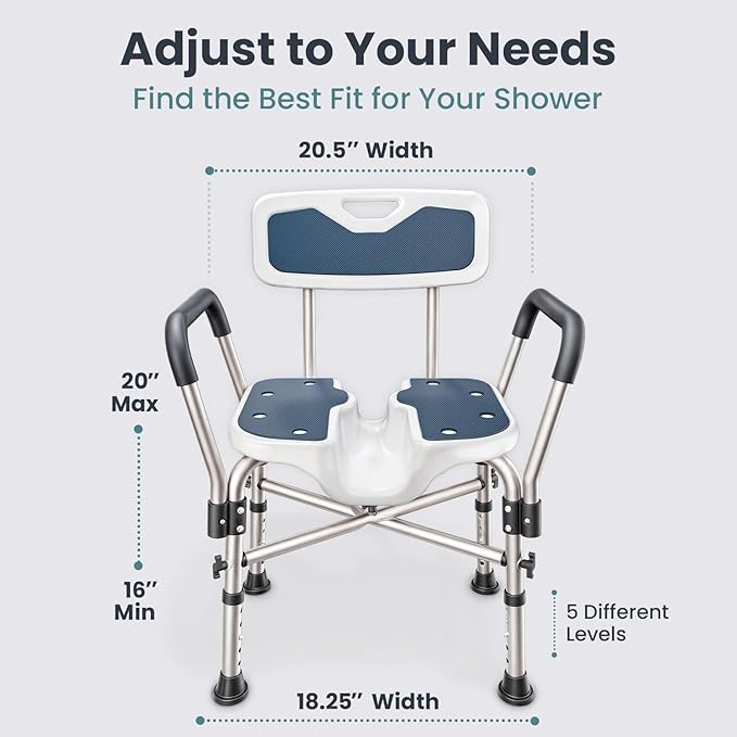Shower Chair U-Shape Seat (450lb) Heavy Duty - Padded Armrests and Back, Shower Chairs for Elderly and Disabled, Handicap, Shower Chair for Inside Shower, Adjustable Height - Blue