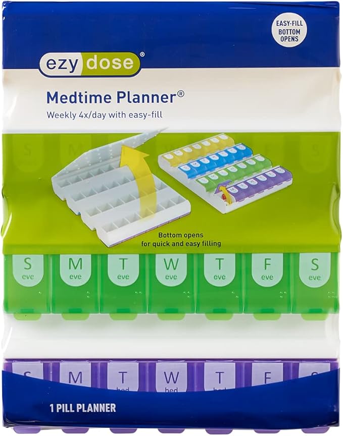 EZY DOSE Weekly (7-Day) Pill Case, Medicine Planner, Vitamin Organizer Box, 4 Times a Day, Large Compartments, Easy Fill All Compartments at Once Organizer, Multi-Colored, BPA Free