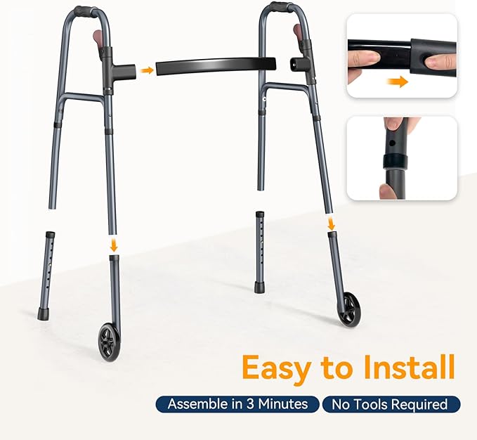Folding Walker for Seniors, Rolling Walker with 8 Height Adjustments, One-Hand Folding, 300lbs Capacity, Lightweight Aluminum Front Wheel Walker for Elderly Adults and Handicap