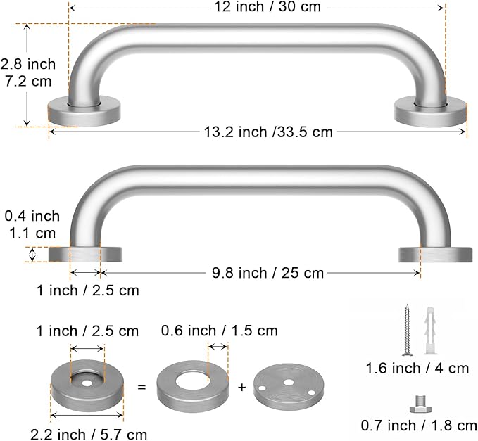 12 Inch Satin Brushed Nickel Shower Grab Bar - 1" Diameter, iMomwee Stainless Steel Bathroom Grab Bar Handle, Balance Bar for Shower and Wall, Safety Hand Rail Support, Handicap Elderly Assist Handle
