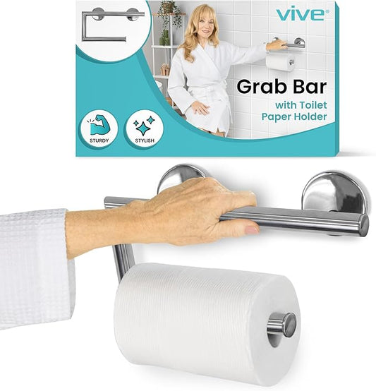 Vive Grab Bar with Toilet Paper Holder (350lbs) - Handrail Bar Combo for Bathroom Wall - Safety Support for Elderly, Seniors & Disabled - Handicap Assist for Restroom Walls & Getting up from Toilets