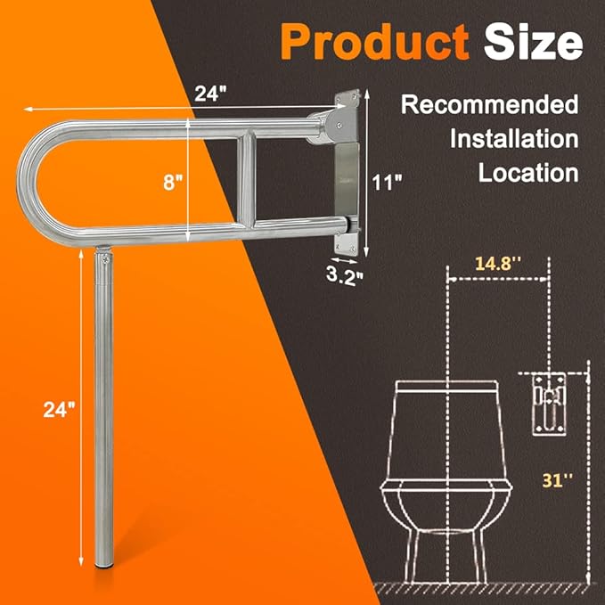 Flip Up Grab Bars for Bathroom Toilet Rails Handicap Grab Bars Shower Safety Hand Rails for Elderly Bathtub Grab Bar Tub Handicapped Toilet Support Shower Handles Bath Rail Folding Grip Bar