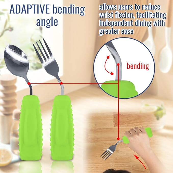 Adaptive Utensils Set – Ergonomic Angled Fork & Spoon for Parkinson's, Tremors, and Stroke Recovery – Weighted Utensils for Hand Tremors, Non-Slip Silicone Grip, Dishwasher Safe