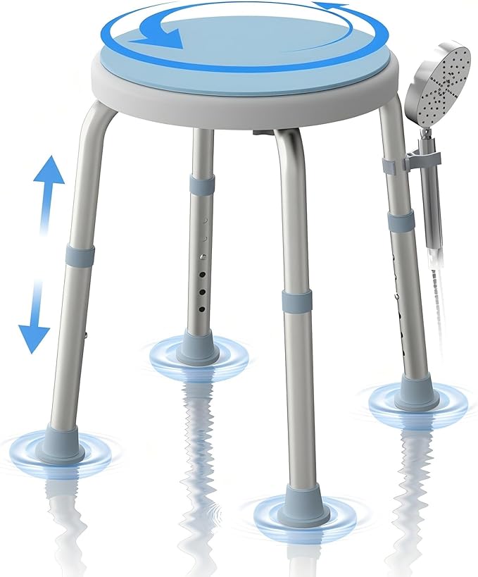 WHLICKS Swivel Shower Stool for Inside Shower, 360° Rotating Stool with Non-Slip Seat Pad, Adjustable Shower Chair for Seniors with 6 Height Levels, Lightweight Seat Up to 300 lbs, Tool-Free Assembly