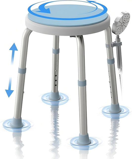 WHLICKS Swivel Shower Stool for Inside Shower, 360° Rotating Stool with Non-Slip Seat Pad, Adjustable Shower Chair for Seniors with 6 Height Levels, Lightweight Seat Up to 300 lbs, Tool-Free Assembly