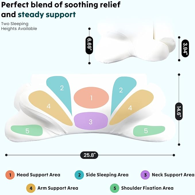 DUMOS Cervical Neck Pillow for Sleeping, Cooling Ergonomic Memory Foam Pillow with Arm Rest Slot and Ice Silk Pillowcase, Dual Height Orthopedic Support Contour for Side, Back, Stomach Sleepers