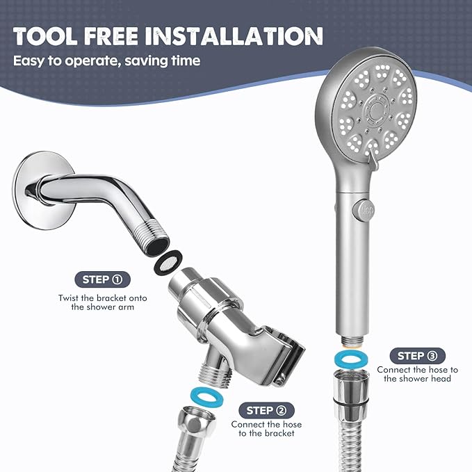 Shower Head with Handheld, High Pressure 5 Modes Water Saving Handheld Shower Head, One Button Water Stop, with 6-inch Extra Long Stainless Steel Hose and Adjustable Mounting Holder, Silver