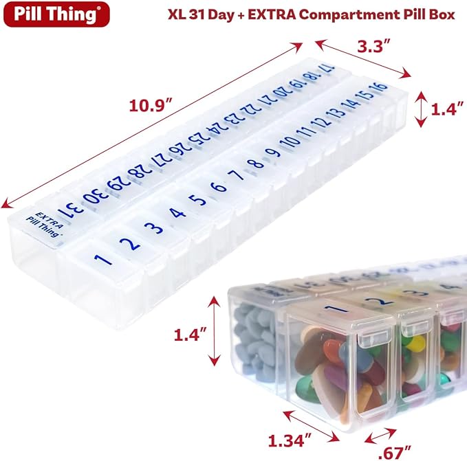 XL Once-a Day Monthly Pill Organizer Removable Lid for Easy Filling, Extra Large Compartments for 31 Days Plus Compartment for Extra Pills, BPA Free (Clear, XL - 1 Count (Pack of 1))