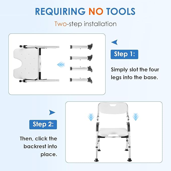 DEWEL Foldable Shower Chair for Elderly and Disabled, Folding Shower Seat with Armrests and Back Height Adjustable, Aluminum Alloy Bath Seat for Inside Shower, 330lbs Capacity(Gray)