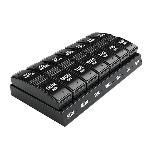 EZY DOSE Weekly, AM/PM Daily Pill Organizer, 7-Day Medicine Planner, Vitamin Container, Small Pop-Out Compartments, 2 Times a Day Pill Holder, Black, Travel-Friendly, BPA Free
