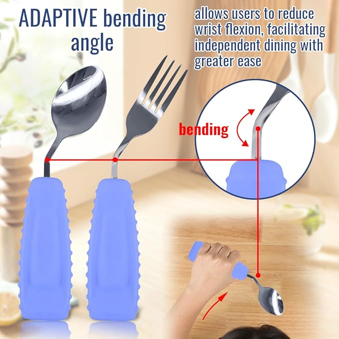 Adaptive Utensils Set – Ergonomic Angled Fork & Spoon for Parkinson's, Tremors, and Stroke Recovery – Weighted Utensils for Hand Tremors, Non-Slip Silicone Grip, Dishwasher Safe