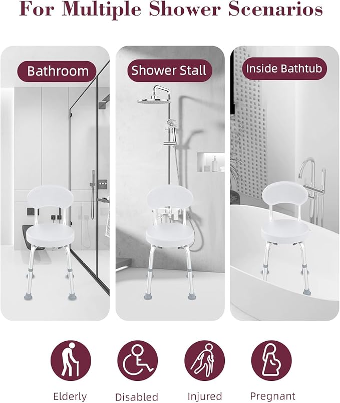 Swivel Shower Chair, 360° Non-Slip Shower Seat with Backrest for Elderly and Disabled, Height Adjustable Rotating Tub Bench for Seniors Bathroom Inside Shower with Compact Frame (White)