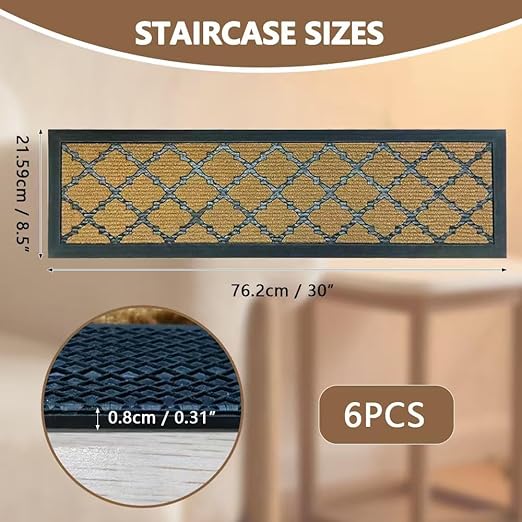 Stair Cover Outdoor for Wooden Steps, Non-Slip Rubber Brown Stair Runner Rugs, 6 Pcs 8.5" x 30" Heavy Duty Stair Mats for Outside Steps, Weatherproof Grip for Elders, Dogs & Kids, Yellow Lattice.