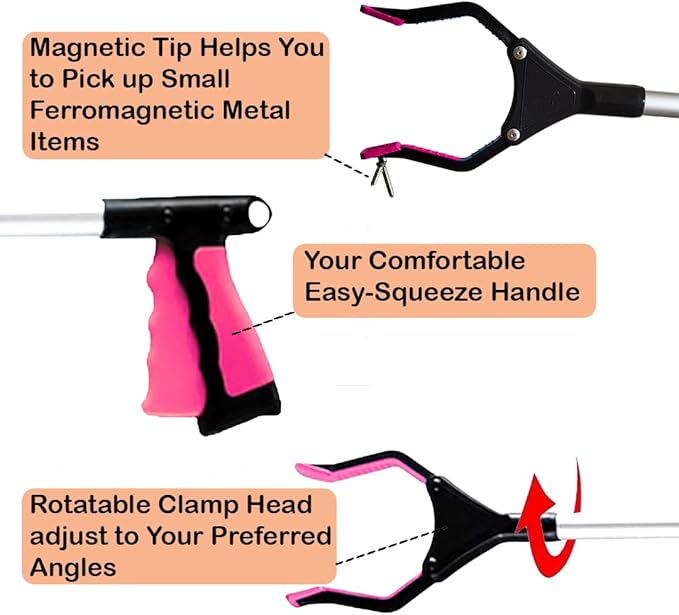 Foldable Grabber Reacher for Seniors – Lightweight, Rotatable Clamp, Non-Slip Grip, 32" Long, an Arm Extension Pickup Tool [Rose]