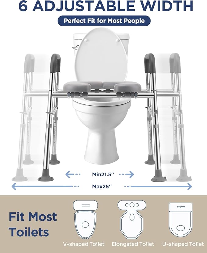 Toilet Seat Riser with Handles 500lb, Stainless Steel Raised Toilet Seat, Adjustable Height & Width, Handicap Raised Toilet Chair for Seniors, Fit Any Toilet