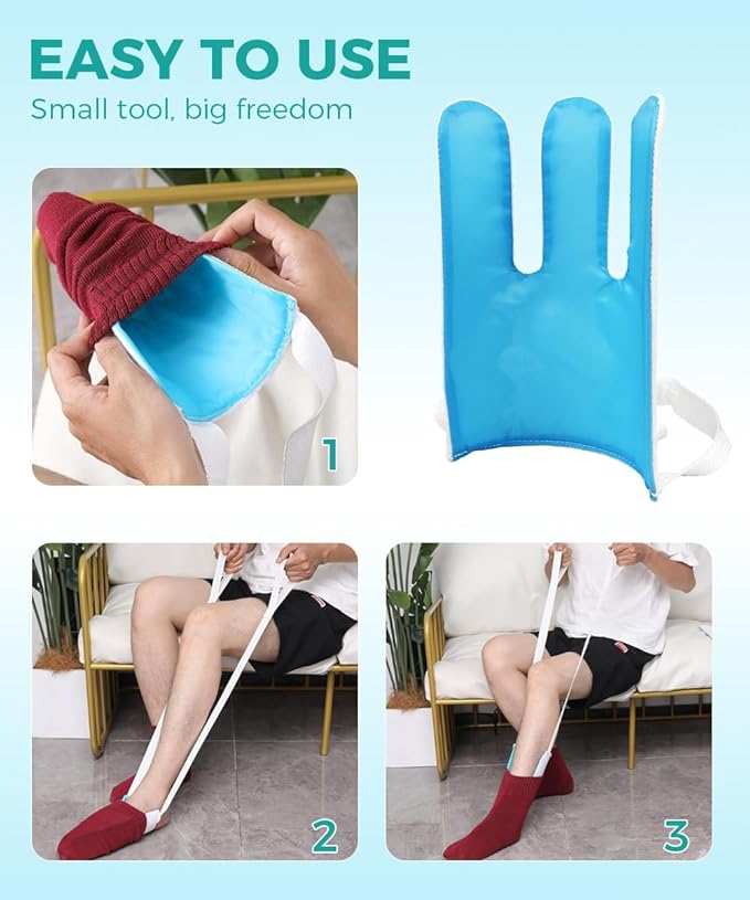 Sock Aids for Putting On Socks with Shoe Horn and Button Hook, Easy On Off Helper for Seniors and Disabled, No Bending Required (Basic)