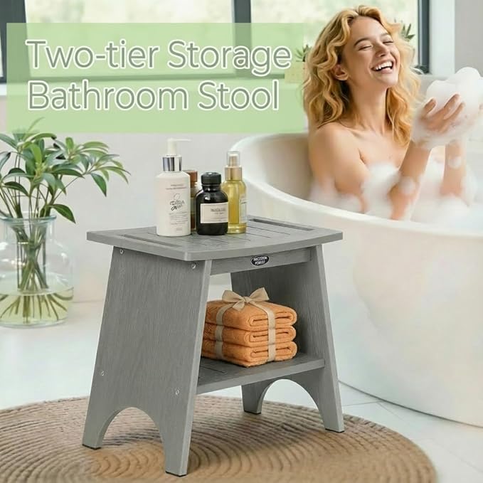 HDPS Shower Benches for Inside Shower to Sit on, Waterproof Shower Chair with Storage Shelf, Heavy Duty 500-lb Shower Seat, Shower Stool for Shaving Legs, Indoor/Outdoor Use, Grey