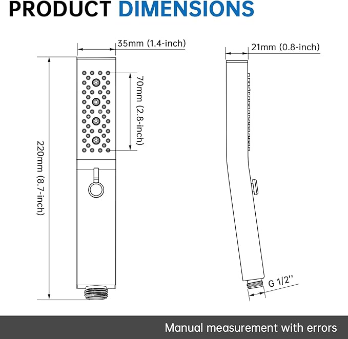 G-Promise All Metal Square 3 Function Handheld Shower Head, Easy and Quick Switch to Massage Mode, Bathroom Shower Wand Design Exquisite Luxury, 2.5 GPM, Chrome