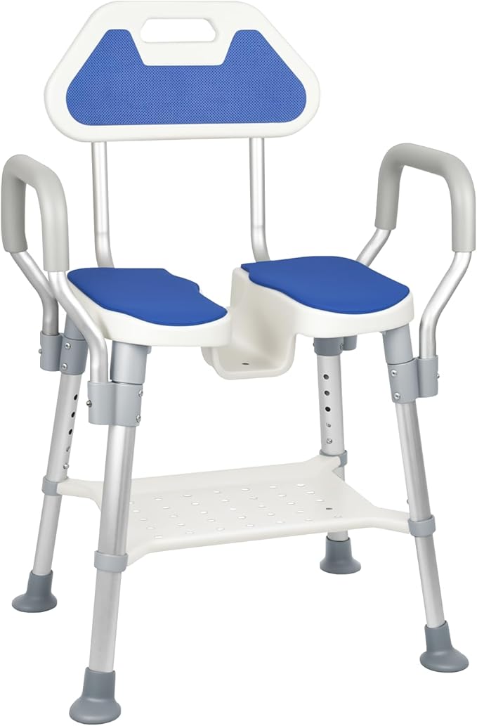 Shower Chair for Inside Shower, U-Shaped Heavy Duty Shower Chair for Elderly and Disabled, Bottom Storage Tray, 300Lbs Shower Stool with Arms and Back, Height Adjustable Seat for Bathtub
