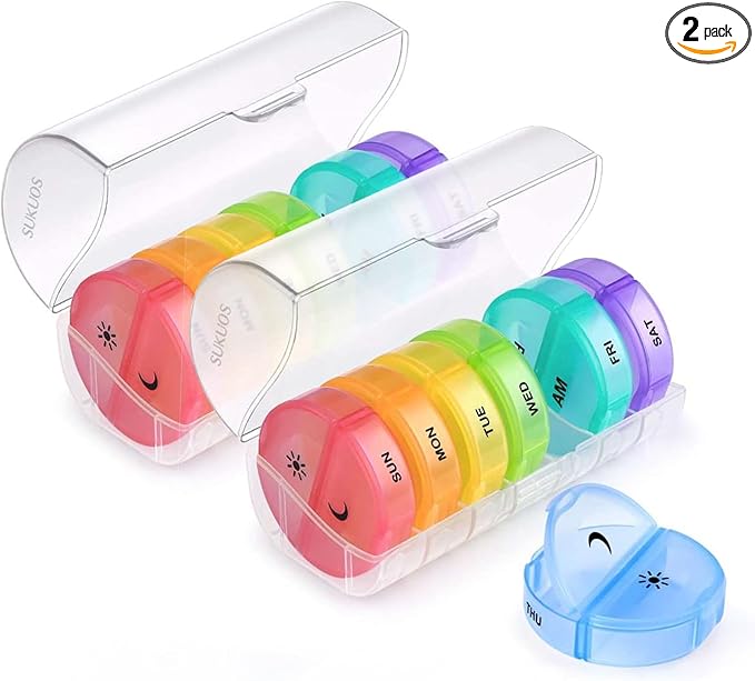 Sukuos Large Weekly Pill Organizer 2 Times a Day, Daily Pill Box 7 Day Easy to Open, Double Protection Medicine Case for Vitamin/Fish Oil/Supplements, Clear (2 Pack)