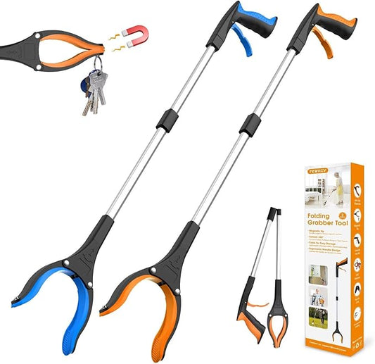 32" Grabber Reacher Tool, 2-Pack Foldable Reacher Grabber Pickup Tool with 360° Rotating Jaw & Magnet, Trash Picker Upper Grabber, Lightweight Grabbers for Seniors Heavy Duty