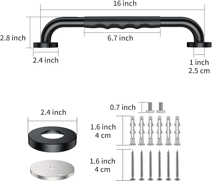 16 Inch Black Shower Grab Bar w/Anti Slip Rubber Grip, ZUEXT Stainless Steel Bath Grab Bar, Bathroom Balance Bar, Wall Mount Safety Handrail Support, Handicap Injury Elderly Senior Assist Handle