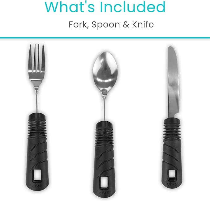 Vive Adaptive Utensil Set - Arthritis Aid Silverware for Parkinsons, Hand Tremors - Easy Grip for Shaking and Trembling Hands - Heavy Stainless Steel Spoon (Bendable)