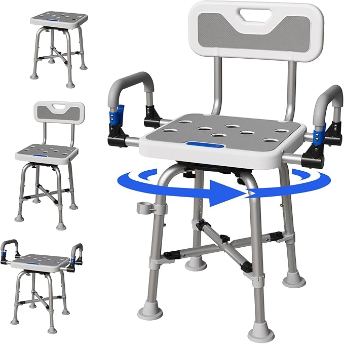 360° Swivel Shower Chair for Elderly and Disabled 400lbs Heavy Duty Bathing Transfer Stool with Armrests & Backrest Adjustable Height Bath Chair for Inside Shower Standard Bathrooms & Bathtubs Gray