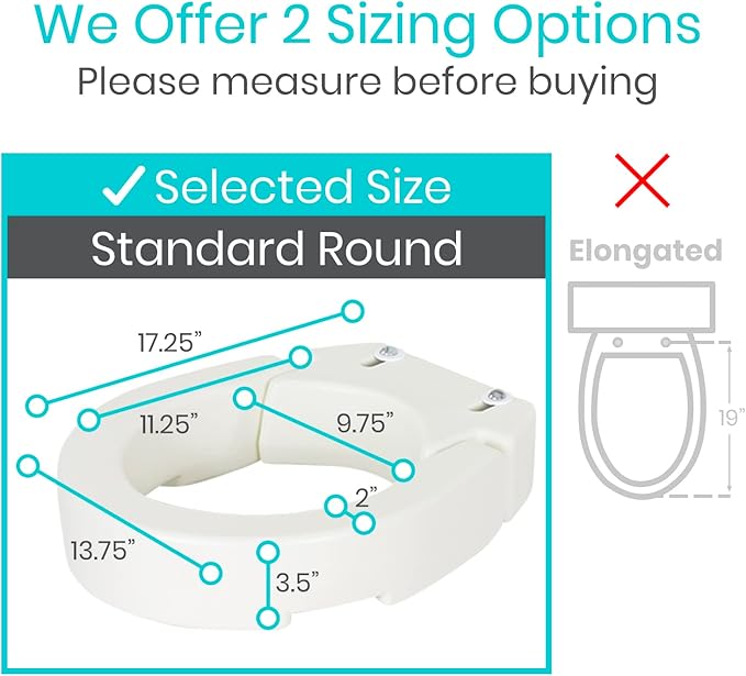 Vive Raised Toilet Seat (Standard, Adds 3.5 Inches) - Elevated Toilet Seat Riser & Extender for Seniors & Handicap - High Rise Toilet Extension for Elderly - Portable Commode Toilet Booster for Adults