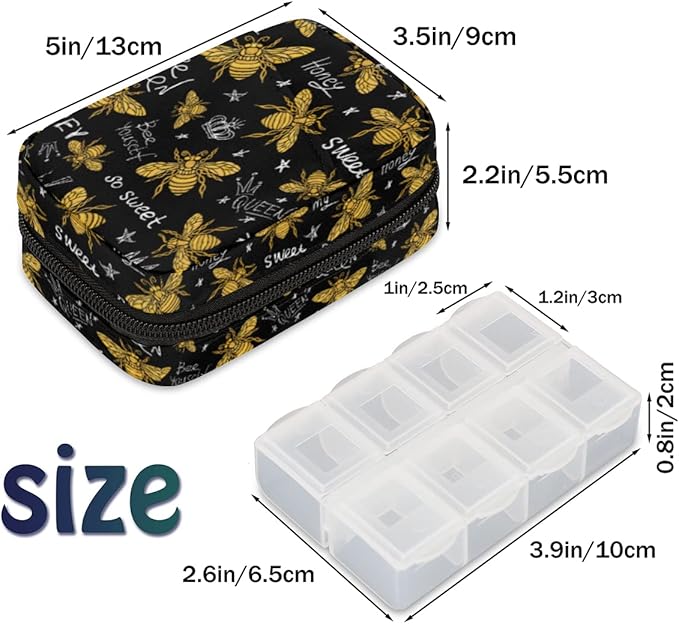 Pill Case Pill Travel Organizer 7 Day Weekly Medicine Pill Box Gold Bee Sweet Small Cute Compact Size Vitamin Container Pill Bottle Portable Birth Control Pill Holder Bag with Zipper