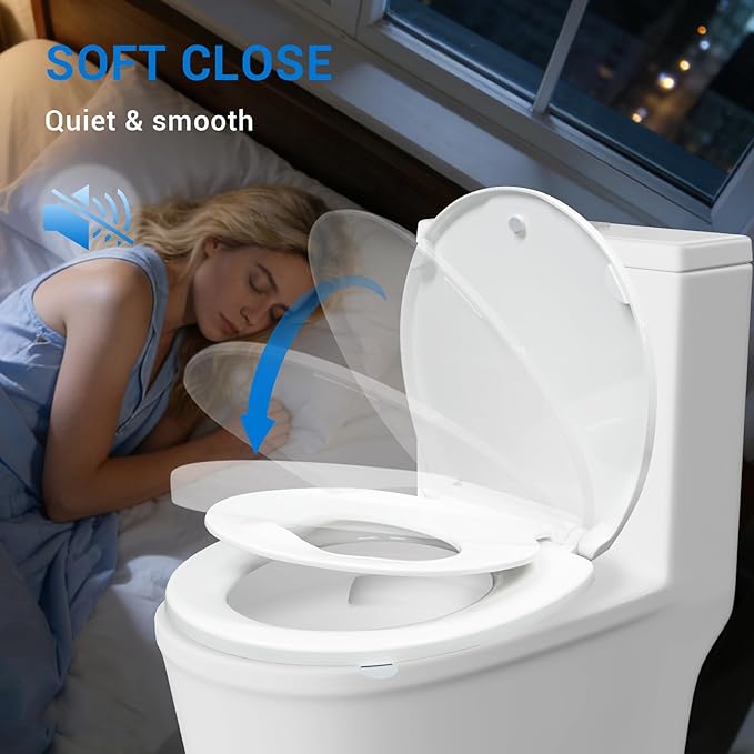 KHE Round Toilet Seat with Child Seat 16.5 Inch, Soft Close Toilet Seat with No-Touch Handle, Quick Release, Non-Slip, Durable PP, White