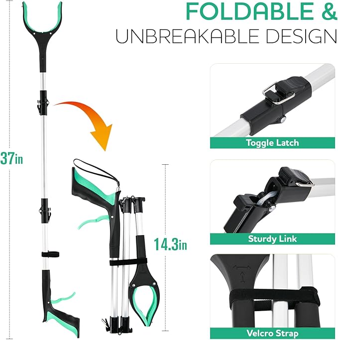37.4 inch 2024 Upgraded Edition Grabber reahcer Tool,Foldable Reacher Grabber Pickup Tool with Strong Grip Magnetic,360°Rotating Anti-Slip Jaw,Trash Picker Tool for Outdoor & Indoor (Green)