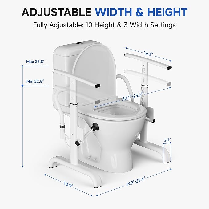 Toilet Safety Rails for Seniors, 350lbs Heavy Duty Toilet Safety Frame & Grab Bars, Triple Stability with 2 Suction Cups & Rear Bar, Adjustable Height & Width Toilet Rail
