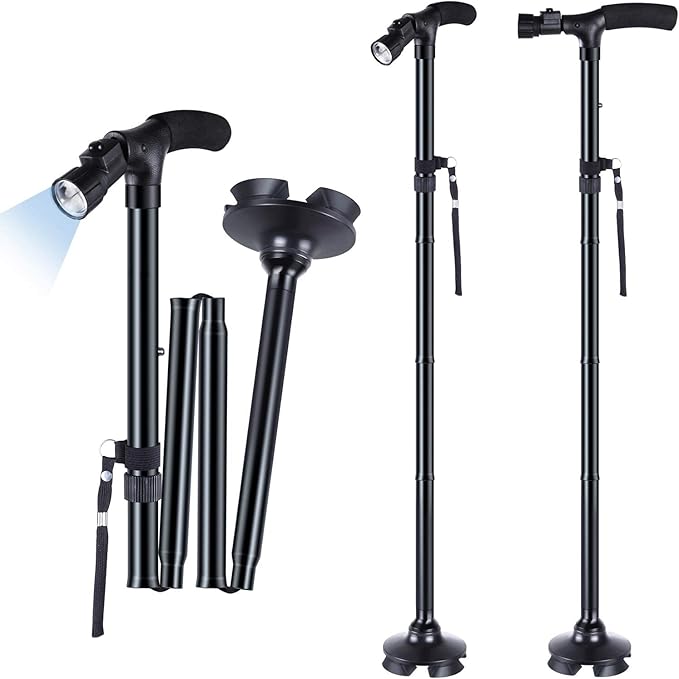 Walking Cane for Men Women: Ohuhu Walking Canes with LED Light Folding Walking Stick Adjustable Free Standing Canes with Wrist Strap Travel Bag for Seniors Adults