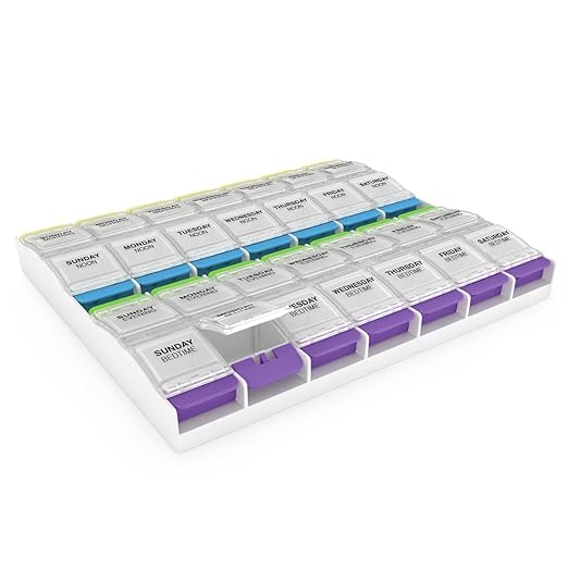EZY DOSE Weekly (7-Day) Pill Organizer, Vitamin Container, and Daily Medicine Planner, 2X-Large Push Button Compartments, Arthritis Friendly, Easy to Use, 4 Times a Day, Clear Lids, BPA Free