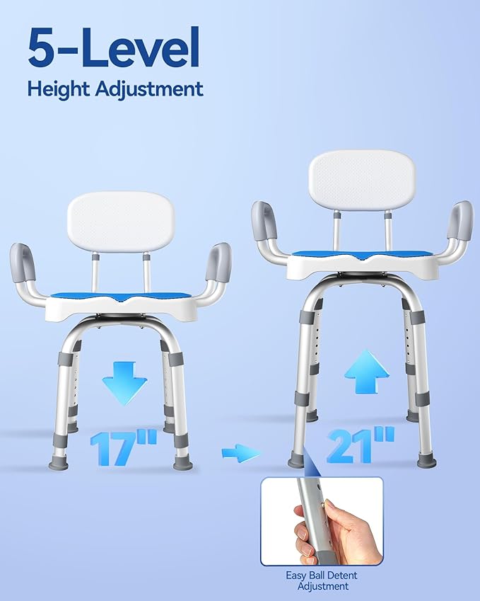 KingPavonini Swivel Shower Chair with Arms and Back, 550 lbs Heavy-Duty Shower Chair for Inside Shower Stall and Tub, Anti-Slip M-Shaped Seat & Height Adjustable Shower Seat for Elderly and Disabled