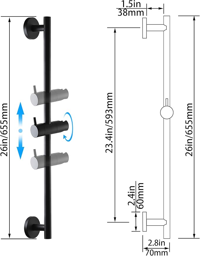 SKOWLL Shower Slide Bar with Height/Angle Adjustable Handheld Shower Holder Matte Black 26 Inch Shower Silde Bar No Drill, Wall Mount Stainless Steel Bathroom Shower Head Holder Bar