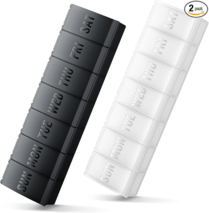 Large Pill Organizer 2 Pack, Easy-Open Weekly Pill Organizer, XL Daily Pill Organizers, 7 Day Medicine Pill Organziers, Medicine Box 7 Day for Large Vitamin Supplements (Black + White)