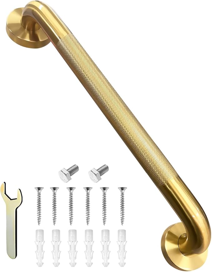 Shower Grab Bar for Bathroom, Anti-Slip Safety Grab Bar for Bathtub Toilet Staircase Stainless Steel Textured Grip Bath Handle Handrail for Elderly (Oil Bronze Gold, 20" L x 1-1/4" D)