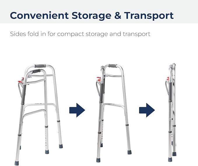 Drive Medical 2-Button Standard Foldable Walker for Seniors & Adults - Adjustable Legs - Lightweight Aluminum Construction - 350 Lb Weight Capacity - Basic Walking Aid - Silver