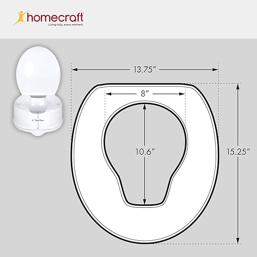 Homecraft Savanah Raised Toilet Seat with Lid, 6" Elevated Seat for Seniors, Universal Fit for Most Standard Toilets, Portable & Tool-Free, Seat Riser, Ergonomic Design, White