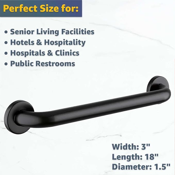 18" Stainless Steel Matte Black Restroom Grab Bar - Wall Mounted Toilet and Shower Safety Bar for Elderly, Slip Prevention Support Handle, Commercial Bathroom Rail, 250 lb Capacity, Mounting Hardware