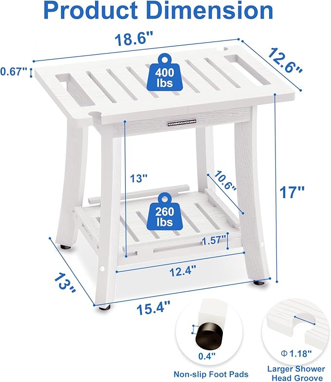 KingPavonini HDPS Shower Benches for Inside Shower to Sit on, Waterproof Shower Stool for Shaving Legs, 400LBS Shower Seat with Storage Shelf, Shower Chair for Inside Shower