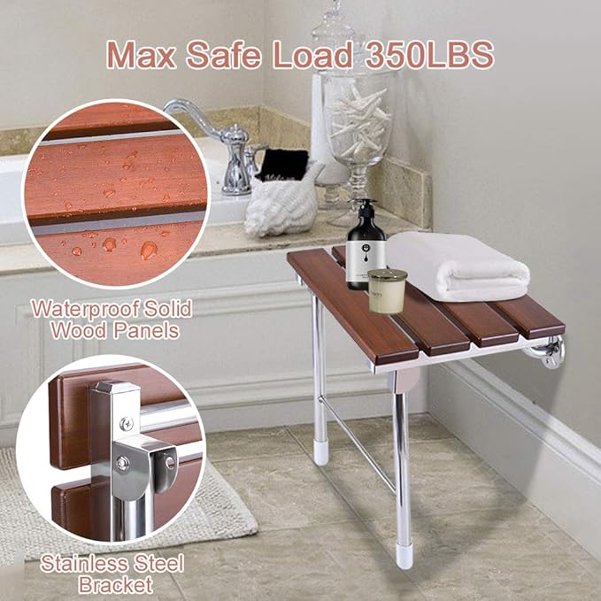 Folding Shower Seat Wall Mounted with Legs, Foldable Shower Chair for Inside Shower, Fold Down Shower Bench for Seniors (Wood, Fixed Height)