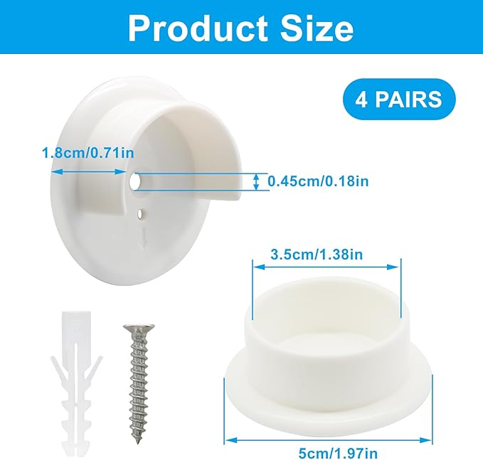 Murtenze 8 Pack Closet Rod Holders, 1-3/8" Plastic Tension Pole Bar Sockets Wardrobe Tube Rail Support Bracket, White U-Shaped Socket Bracket for Home Bathroom Shower